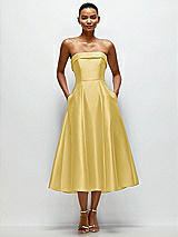 Front View Thumbnail - Maize Cuffed Strapless Satin Twill Midi Dress with Full Skirt and Pockets