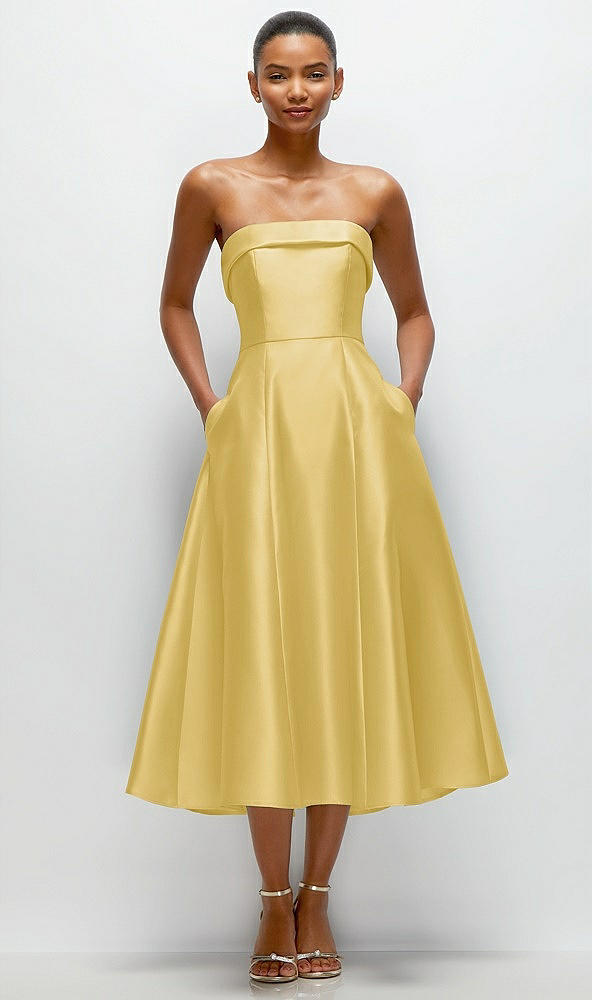 Front View - Maize Cuffed Strapless Satin Twill Midi Dress with Full Skirt and Pockets