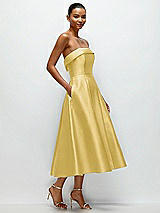 Rear View Thumbnail - Maize Cuffed Strapless Satin Twill Midi Dress with Full Skirt and Pockets