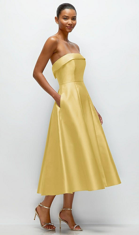 Back View - Maize Cuffed Strapless Satin Twill Midi Dress with Full Skirt and Pockets