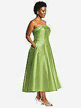 Alt View 3 Thumbnail - Mojito Cuffed Strapless Satin Twill Midi Dress with Full Skirt and Pockets