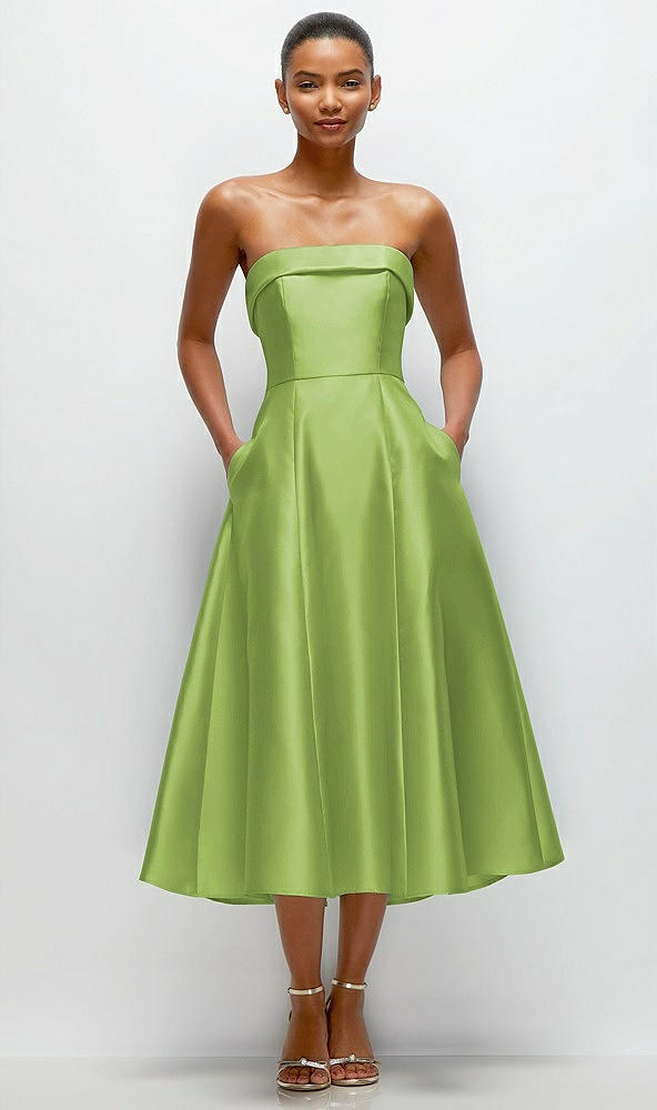 Front View - Mojito Cuffed Strapless Satin Twill Midi Dress with Full Skirt and Pockets