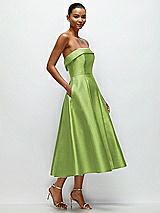 Rear View Thumbnail - Mojito Cuffed Strapless Satin Twill Midi Dress with Full Skirt and Pockets