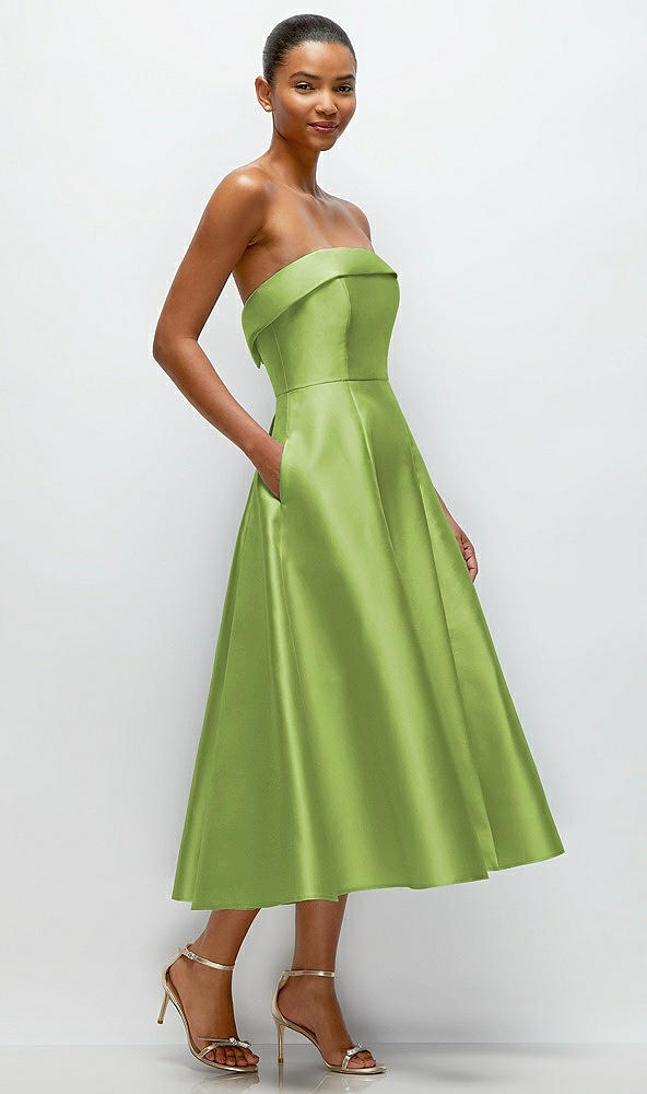 Back View - Mojito Cuffed Strapless Satin Twill Midi Dress with Full Skirt and Pockets