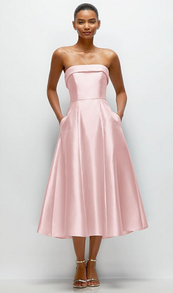 Front View - Ballet Pink Cuffed Strapless Satin Twill Midi Dress with Full Skirt and Pockets