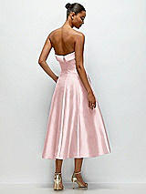 Side View Thumbnail - Ballet Pink Cuffed Strapless Satin Twill Midi Dress with Full Skirt and Pockets