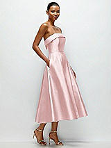 Rear View Thumbnail - Ballet Pink Cuffed Strapless Satin Twill Midi Dress with Full Skirt and Pockets