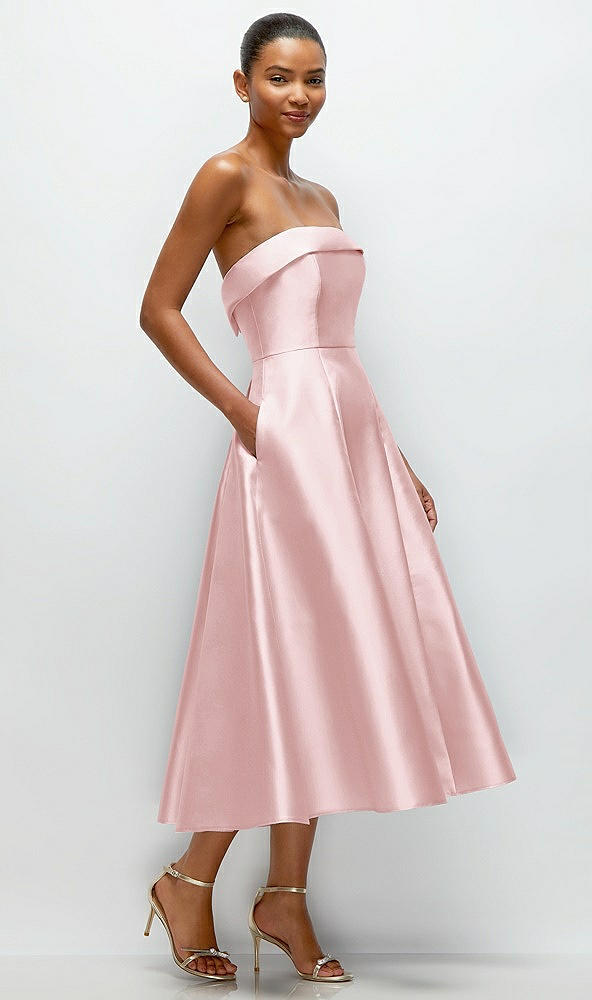 Back View - Ballet Pink Cuffed Strapless Satin Twill Midi Dress with Full Skirt and Pockets