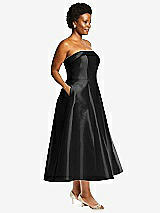 Alt View 3 Thumbnail - Black Cuffed Strapless Satin Twill Midi Dress with Full Skirt and Pockets