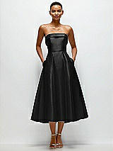 Front View Thumbnail - Black Cuffed Strapless Satin Twill Midi Dress with Full Skirt and Pockets