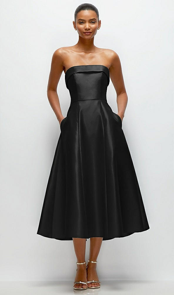 Front View - Black Cuffed Strapless Satin Twill Midi Dress with Full Skirt and Pockets