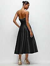 Side View Thumbnail - Black Cuffed Strapless Satin Twill Midi Dress with Full Skirt and Pockets