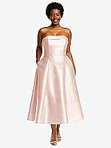 Alt View 1 Thumbnail - Blush Cuffed Strapless Satin Twill Midi Dress with Full Skirt and Pockets