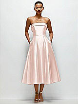 Front View Thumbnail - Blush Cuffed Strapless Satin Twill Midi Dress with Full Skirt and Pockets