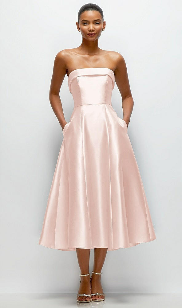 Front View - Blush Cuffed Strapless Satin Twill Midi Dress with Full Skirt and Pockets