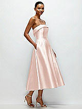 Rear View Thumbnail - Blush Cuffed Strapless Satin Twill Midi Dress with Full Skirt and Pockets