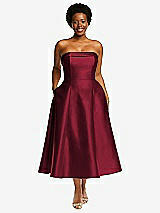 Alt View 1 Thumbnail - Burgundy Cuffed Strapless Satin Twill Midi Dress with Full Skirt and Pockets