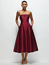 Front View Thumbnail - Burgundy Cuffed Strapless Satin Twill Midi Dress with Full Skirt and Pockets