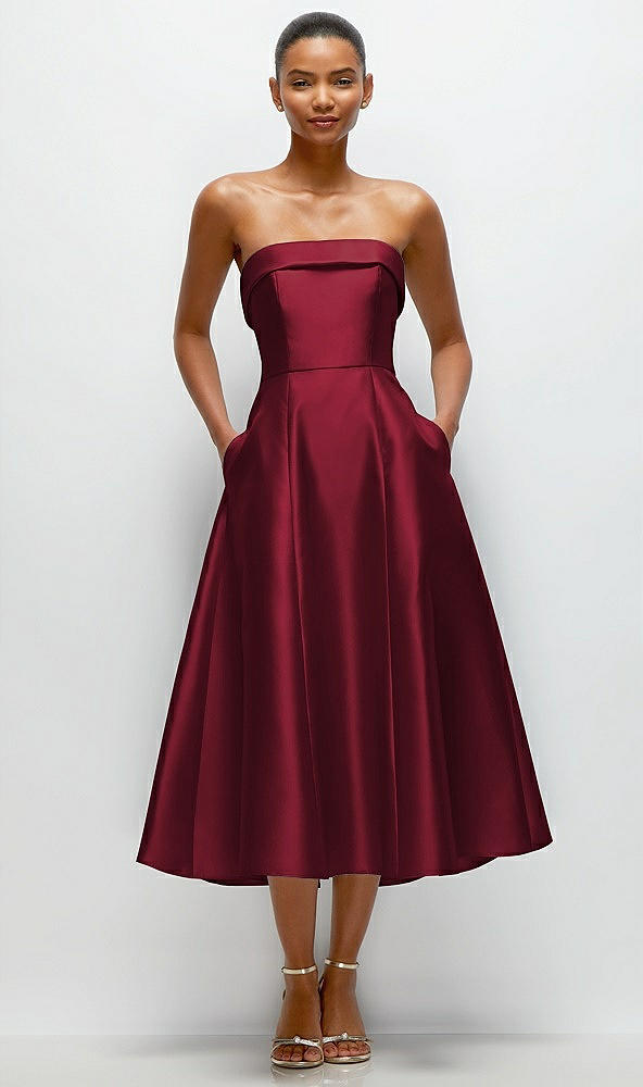 Front View - Burgundy Cuffed Strapless Satin Twill Midi Dress with Full Skirt and Pockets