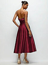 Side View Thumbnail - Burgundy Cuffed Strapless Satin Twill Midi Dress with Full Skirt and Pockets