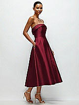 Rear View Thumbnail - Burgundy Cuffed Strapless Satin Twill Midi Dress with Full Skirt and Pockets