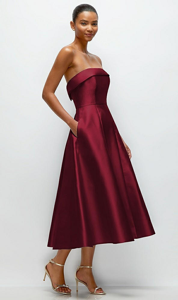 Back View - Burgundy Cuffed Strapless Satin Twill Midi Dress with Full Skirt and Pockets