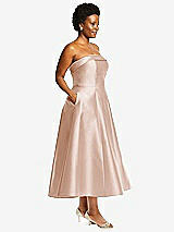 Alt View 3 Thumbnail - Cameo Cuffed Strapless Satin Twill Midi Dress with Full Skirt and Pockets