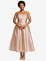 Alt View 4 Thumbnail - Cameo Cuffed Strapless Satin Twill Midi Dress with Full Skirt and Pockets