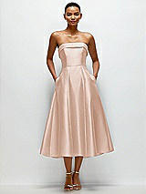 Front View Thumbnail - Cameo Cuffed Strapless Satin Twill Midi Dress with Full Skirt and Pockets