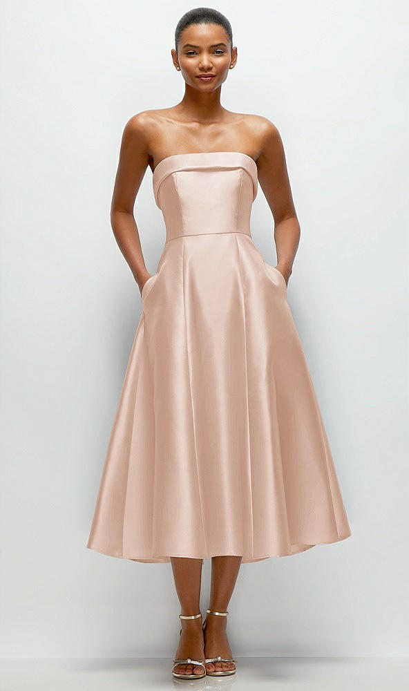 Front View - Cameo Cuffed Strapless Satin Twill Midi Dress with Full Skirt and Pockets