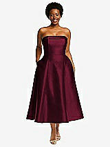 Alt View 1 Thumbnail - Cabernet Cuffed Strapless Satin Twill Midi Dress with Full Skirt and Pockets