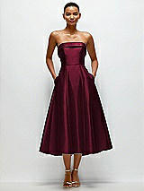 Front View Thumbnail - Cabernet Cuffed Strapless Satin Twill Midi Dress with Full Skirt and Pockets