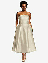 Alt View 1 Thumbnail - Champagne Cuffed Strapless Satin Twill Midi Dress with Full Skirt and Pockets