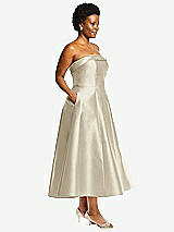 Alt View 3 Thumbnail - Champagne Cuffed Strapless Satin Twill Midi Dress with Full Skirt and Pockets