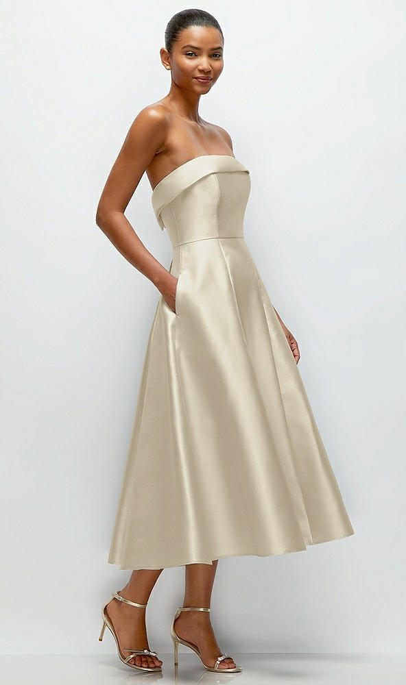 Back View - Champagne Cuffed Strapless Satin Twill Midi Dress with Full Skirt and Pockets