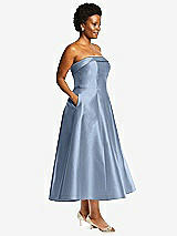 Alt View 3 Thumbnail - Cloudy Cuffed Strapless Satin Twill Midi Dress with Full Skirt and Pockets