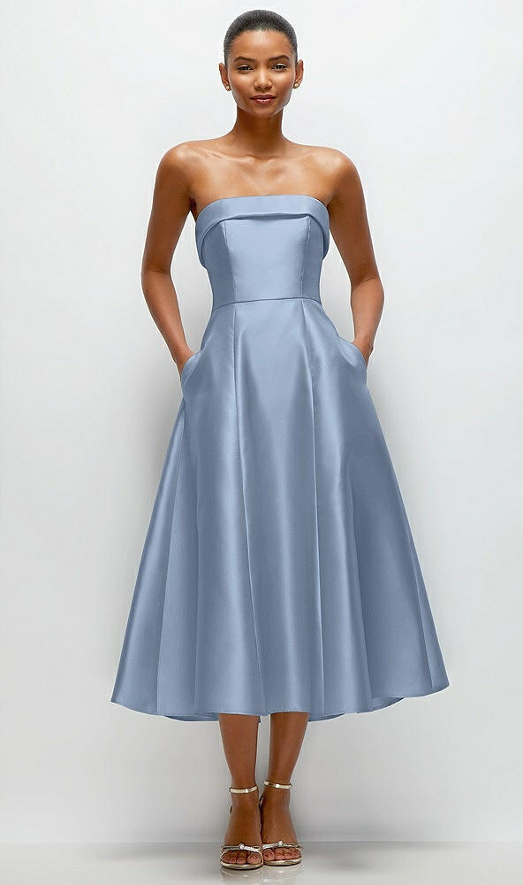 Front View - Cloudy Cuffed Strapless Satin Twill Midi Dress with Full Skirt and Pockets