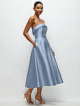 Rear View Thumbnail - Cloudy Cuffed Strapless Satin Twill Midi Dress with Full Skirt and Pockets