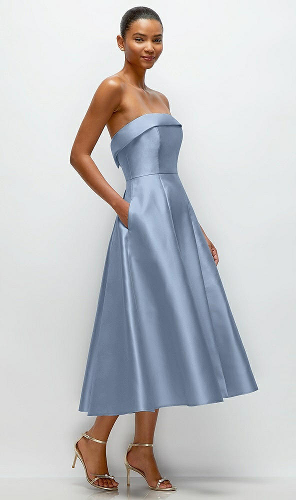 Back View - Cloudy Cuffed Strapless Satin Twill Midi Dress with Full Skirt and Pockets