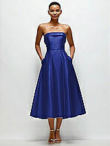 Front View Thumbnail - Cobalt Blue Cuffed Strapless Satin Twill Midi Dress with Full Skirt and Pockets