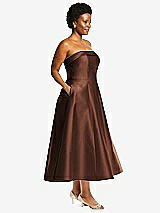 Alt View 3 Thumbnail - Cognac Cuffed Strapless Satin Twill Midi Dress with Full Skirt and Pockets