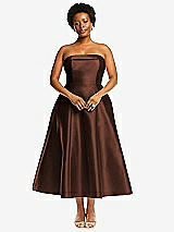 Alt View 4 Thumbnail - Cognac Cuffed Strapless Satin Twill Midi Dress with Full Skirt and Pockets