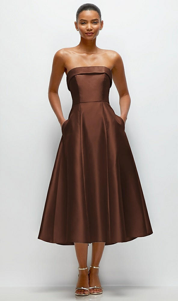 Front View - Cognac Cuffed Strapless Satin Twill Midi Dress with Full Skirt and Pockets