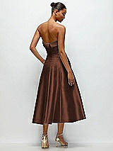 Side View Thumbnail - Cognac Cuffed Strapless Satin Twill Midi Dress with Full Skirt and Pockets