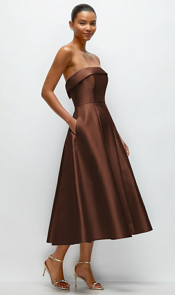 Back View - Cognac Cuffed Strapless Satin Twill Midi Dress with Full Skirt and Pockets