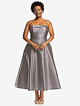 Alt View 4 Thumbnail - Cashmere Gray Cuffed Strapless Satin Twill Midi Dress with Full Skirt and Pockets