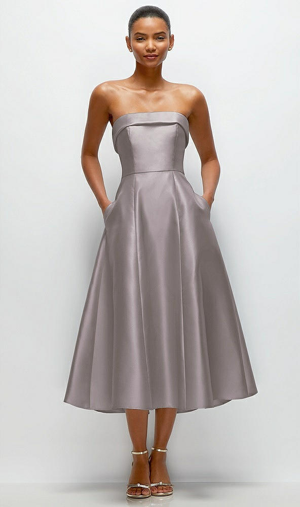 Front View - Cashmere Gray Cuffed Strapless Satin Twill Midi Dress with Full Skirt and Pockets