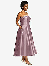 Alt View 3 Thumbnail - Dusty Rose Cuffed Strapless Satin Twill Midi Dress with Full Skirt and Pockets