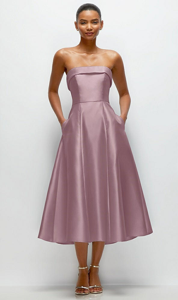 Front View - Dusty Rose Cuffed Strapless Satin Twill Midi Dress with Full Skirt and Pockets