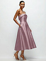 Rear View Thumbnail - Dusty Rose Cuffed Strapless Satin Twill Midi Dress with Full Skirt and Pockets